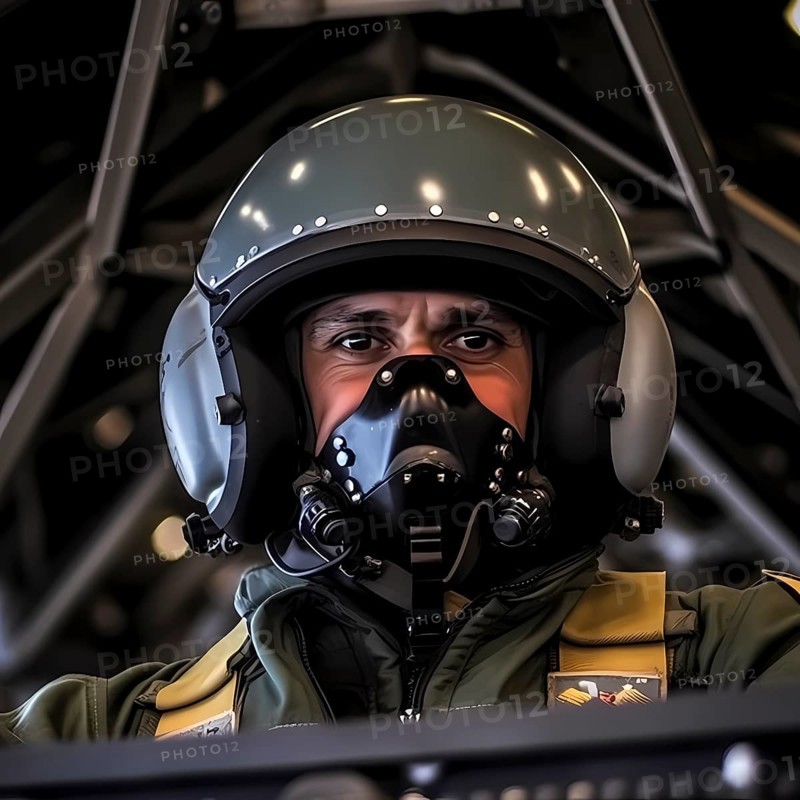 Young proud pilot sits in a fighter plane