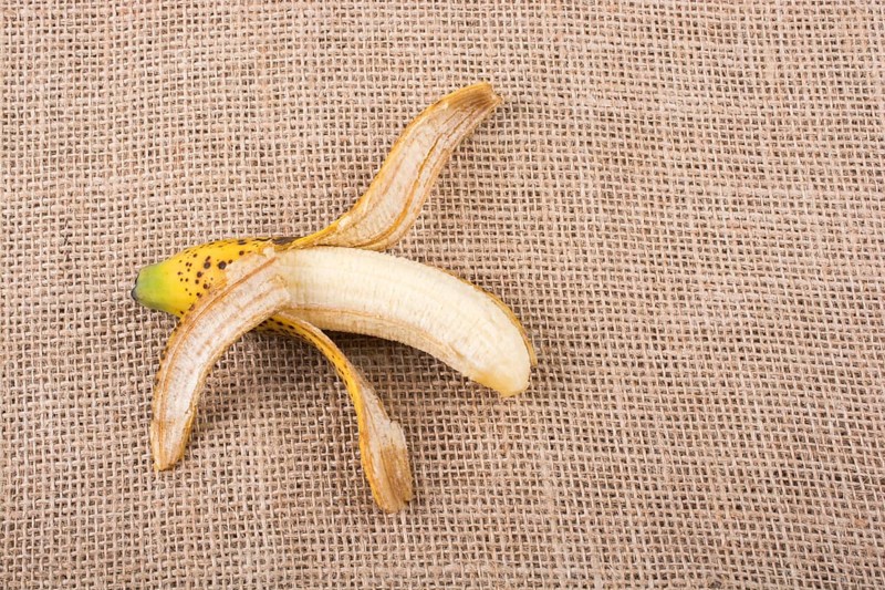 Single yellow freckled bananas on canvas texture
