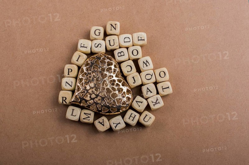 Metal Love icon and Letter cubes of made of wood