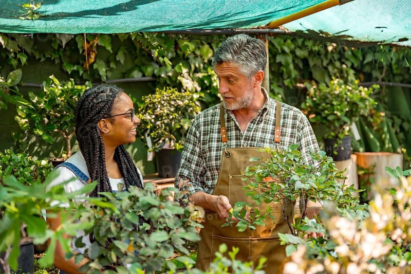 Master gardener teaching student girl flower nursery in greenhouse