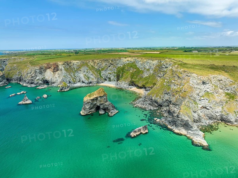 Aerial view of the Bedruthan Steps cliff formation