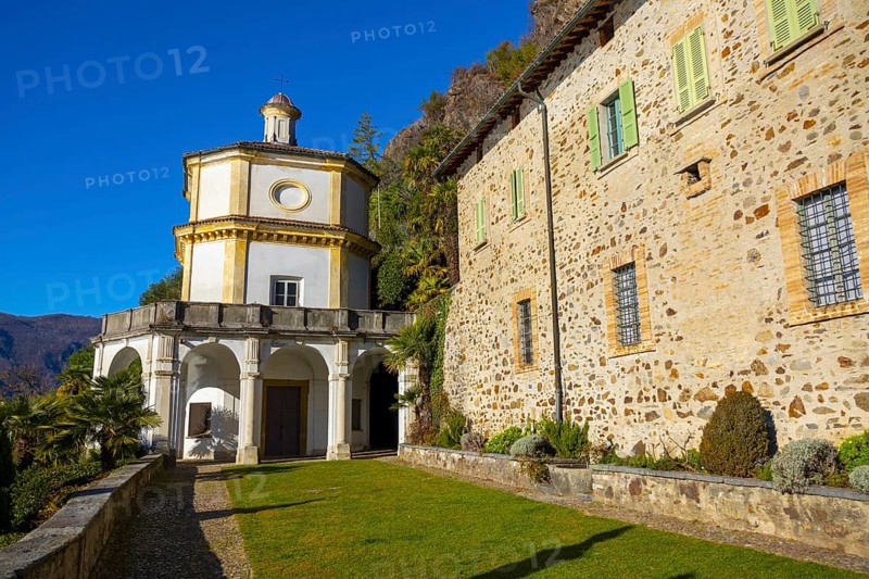 Church Oratory of S. Antonio da Padova in Santa Maria del Sasso Against Blue Clear Sky on Mountain in a Sunny Day in Morcote
