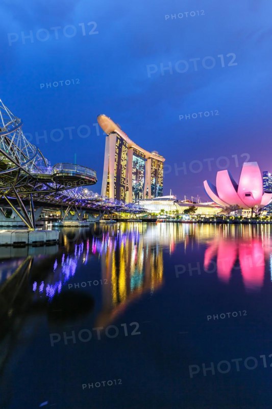 Marina Bay Skyline and Helix Bridge in the evening in Singapore