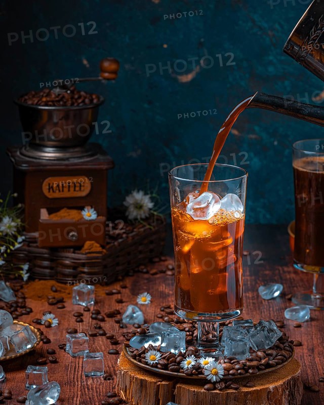 Coffee is poured into glass with ice cube cubes