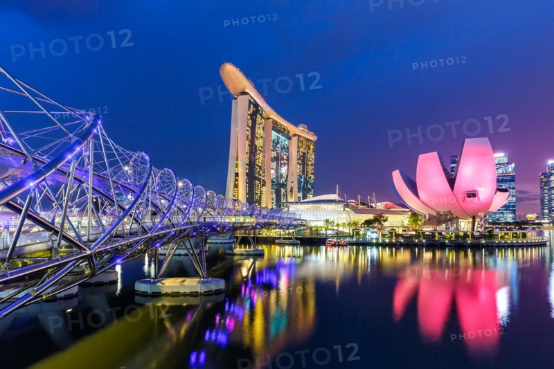 Marina Bay Skyline and Helix Bridge in the evening in Singapore