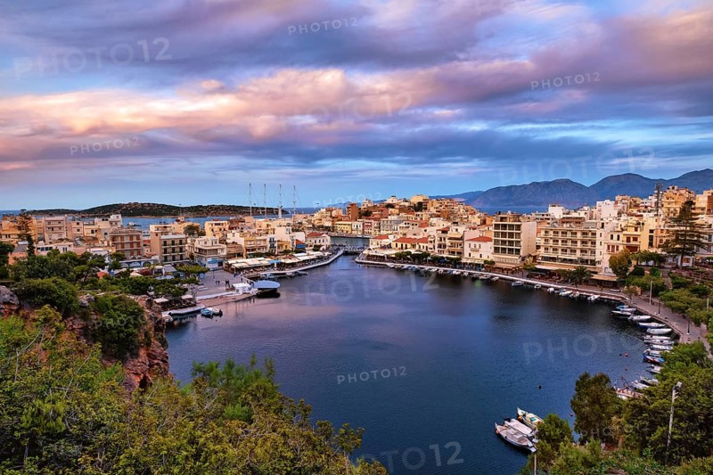 Colorful view of Voulismeni lake and Agios Nikolaos town on Crete island