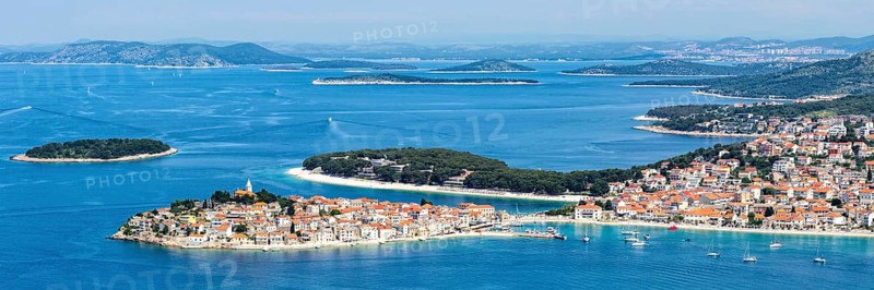 Primosten town on a peninsula in the Mediterranean Sea Holiday Panorama in Primosten