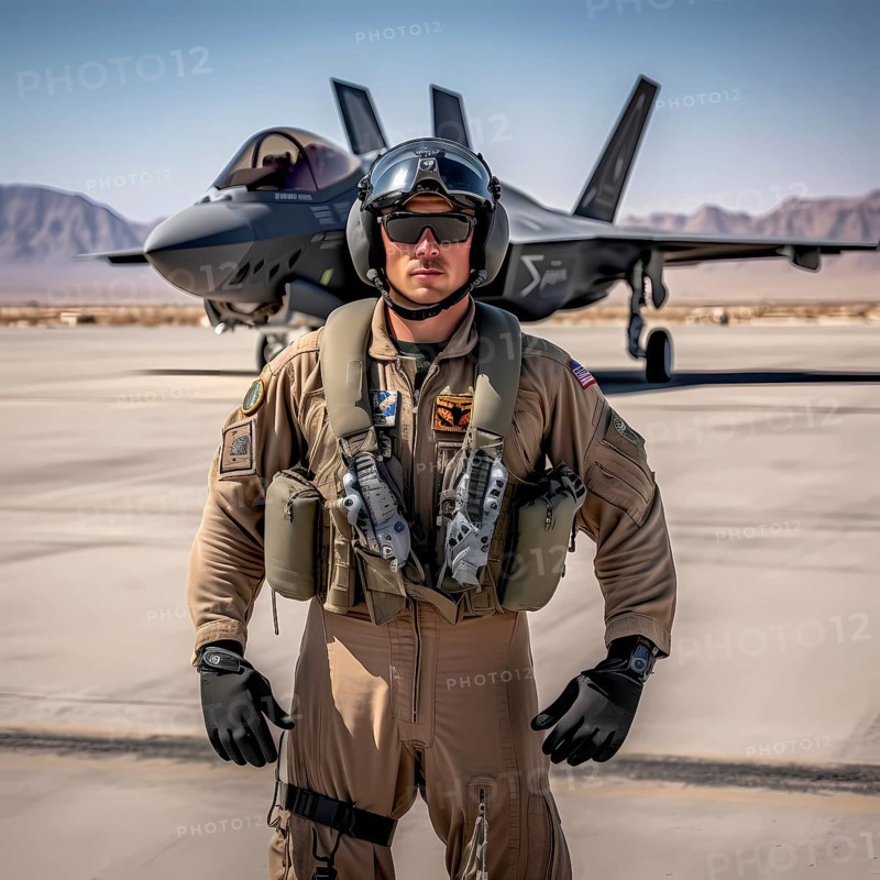 Young proud pilot stands in front of his F 35 fighter plane
