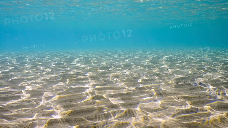 Sandy shallow water in sunburst and glare on seabed sand. Sunlight passes through surface of turquoise water and glares on sandy bottom in shallow water on bright sunny day