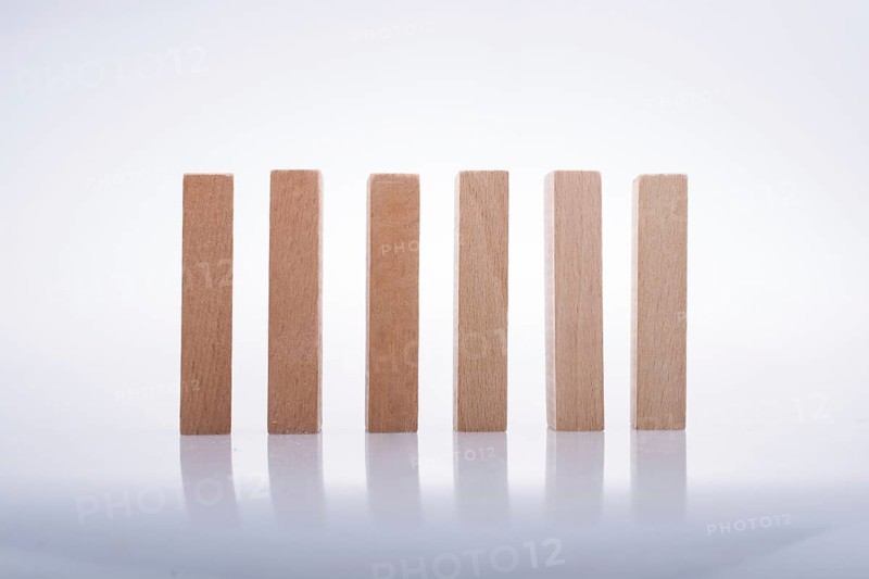 Wooden Domino Blocks in a line on a white background