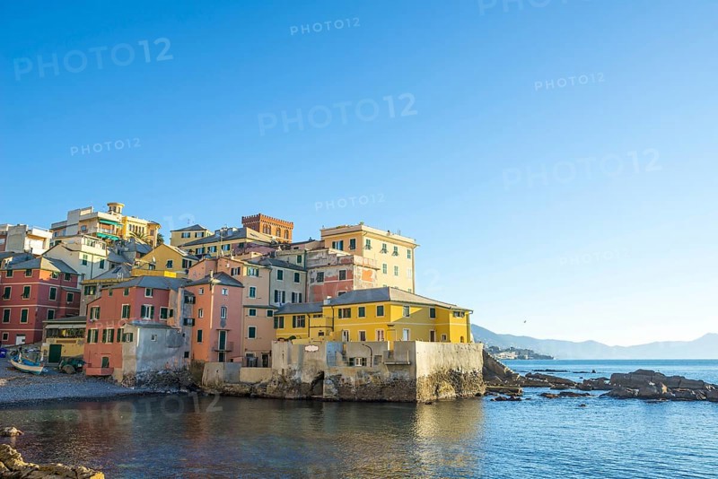Boccadasse in a Sunny Day and Mediterranean Sea in Genoa