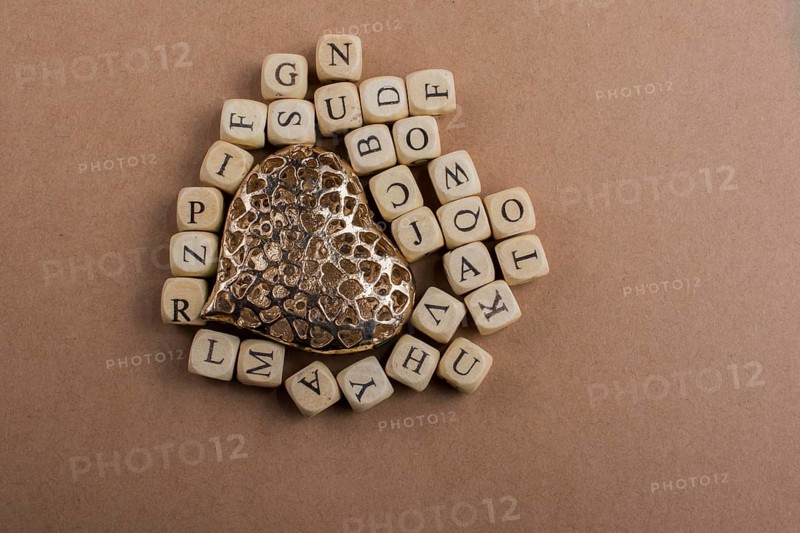 Metal Love icon and Letter cubes of made of wood