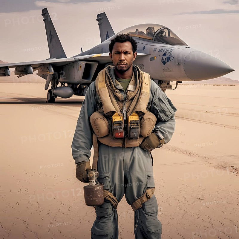 Young proud pilot stands in front of his F 14 fighter plane