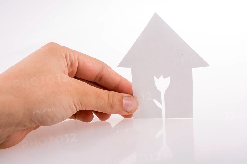 Hand holding a paper house with a flower shape carved in it on a white background