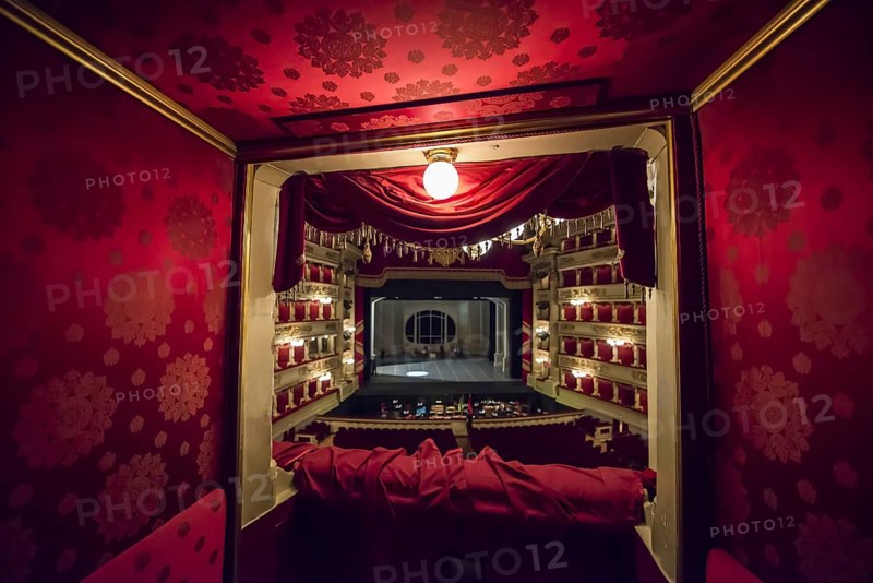 View From a Luxury Balcony Inside illuminated Scala Theater in Milan