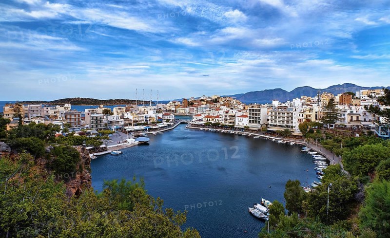 Colorful view of Voulismeni lake and Agios Nikolaos town on Crete island