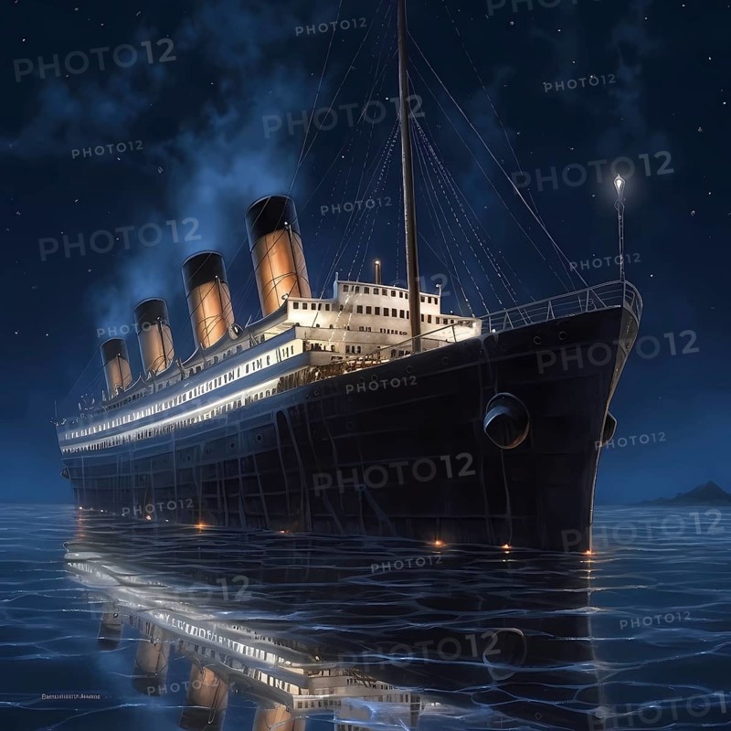 Journey of the Titanic in the Atlantic on a starry night and calm sea