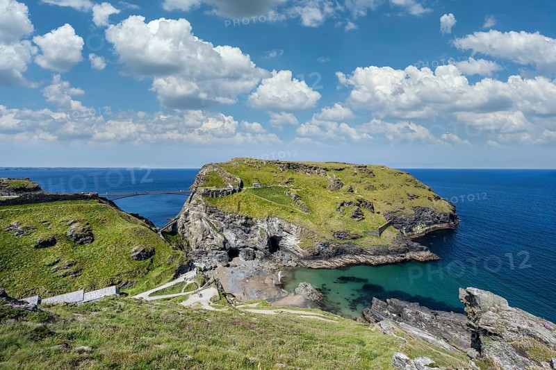 Spectacular cliffs overlooking the peninsula with the ruins of Tintagel Castle