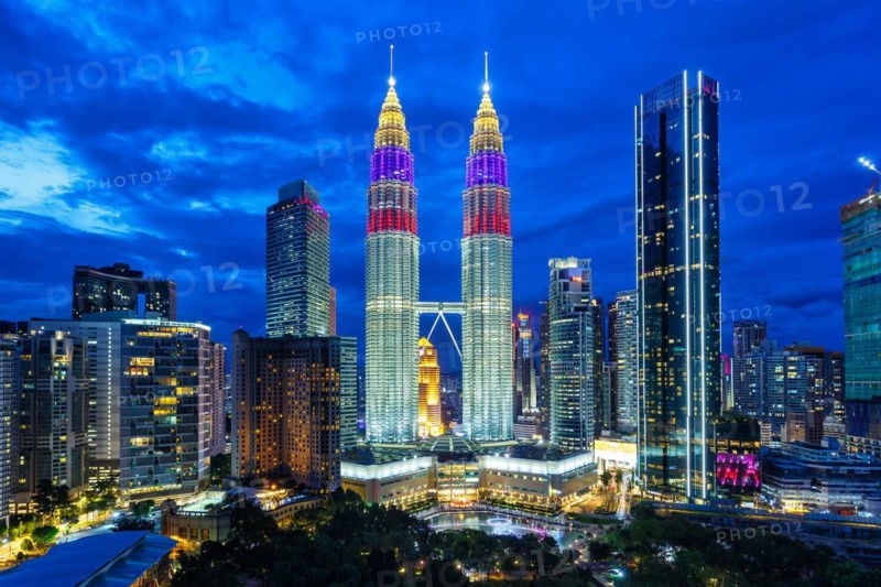 Petronas Twin Towers skyscrapers KLCC skyline in the evening of Kuala Lumpur