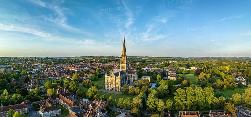 Aerial panorama of the city of Salisbury with Salisbury Cathedral