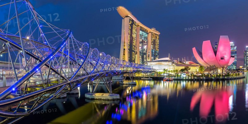 Marina Bay Skyline and Helix Bridge Panorama in the Evening in Singapore