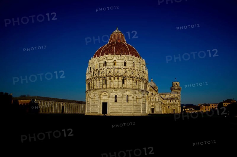 Pisa Tower and Baptistery Cathedral with Blue Sky in Tuscany