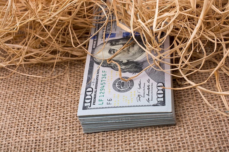 Banknote bundle of US dollar in a straw pile on canvas