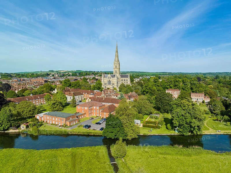 Aerial panorama of the city of Salisbury with Salisbury Cathedral and the River Avon