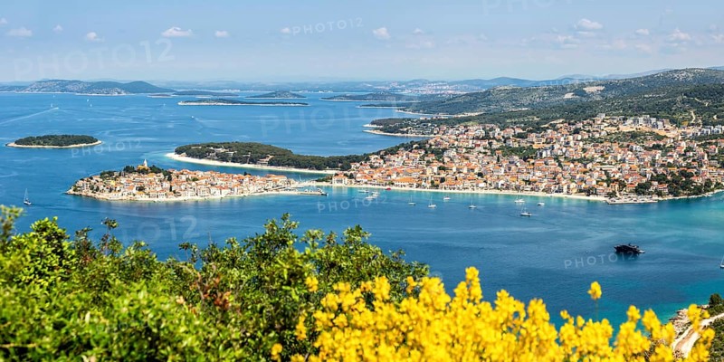 Primosten town on a peninsula in the Mediterranean Sea Holiday Panorama in Primosten