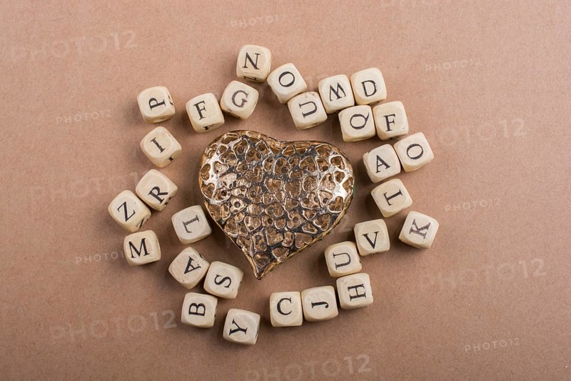 Metal Love icon and Letter cubes of made of wood