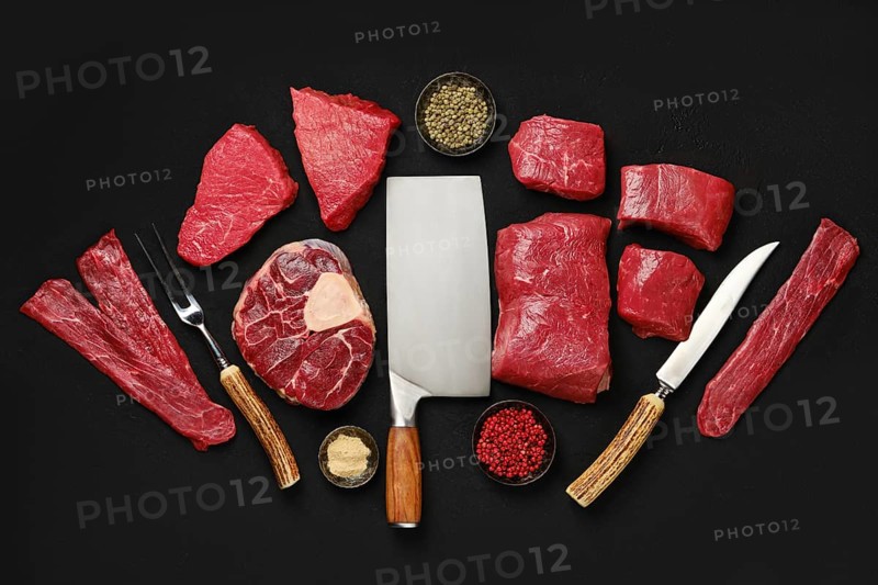 Top view of assortment of fresh raw beef meat steaks