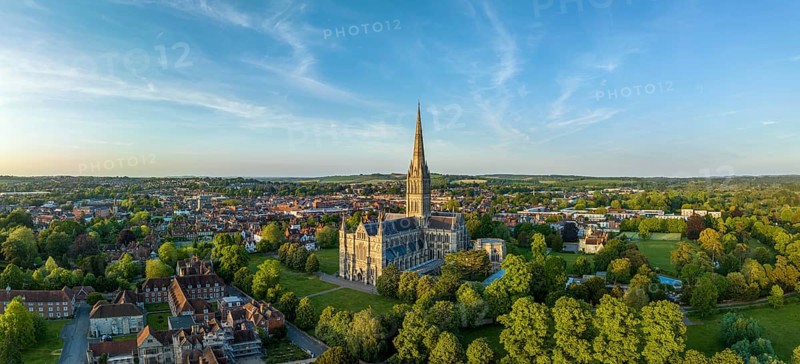 Aerial panorama of the city of Salisbury with Salisbury Cathedral
