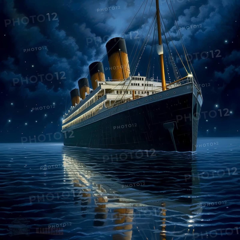 Journey of the Titanic in the Atlantic on a starry night and calm sea