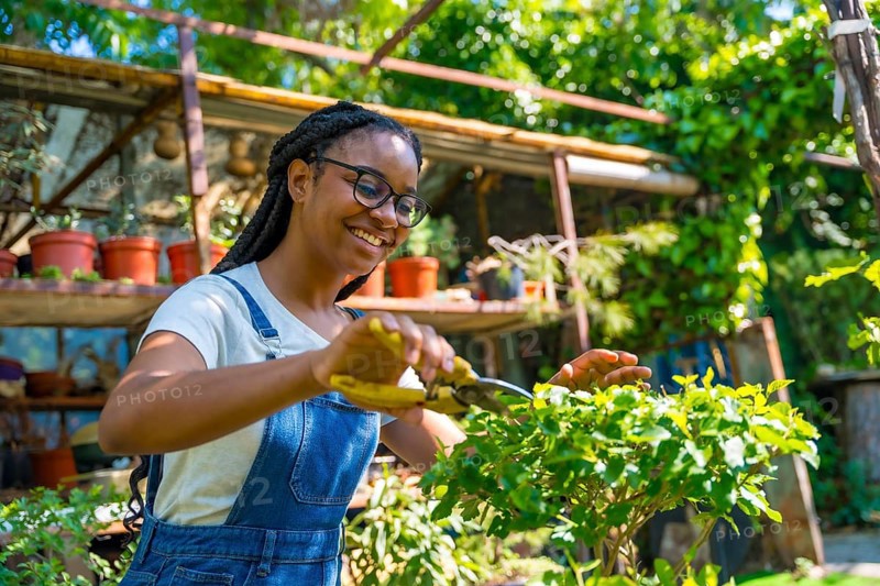 Black ethnic woman with braids and glasses is a gardener in the nursery in the greenhouse happy cutting the bonsai