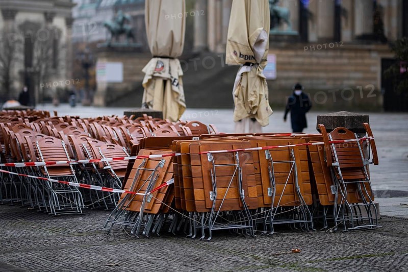 Assembled furniture for catering stands cordoned off at the Gendarmenmarkt in Berlin