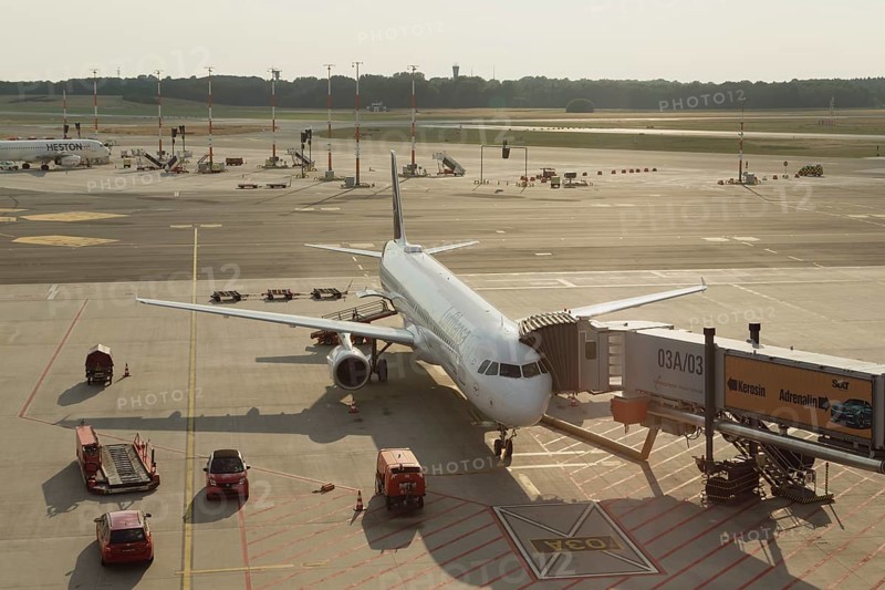 Passenger aircraft Airbus A321-200 Remscheid of the airline Lufthansa during check-in at Terminal 1 at Hamburg Airport