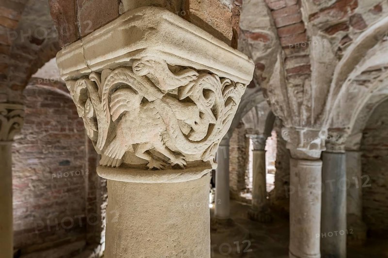 Romanesque capital with vine and bird