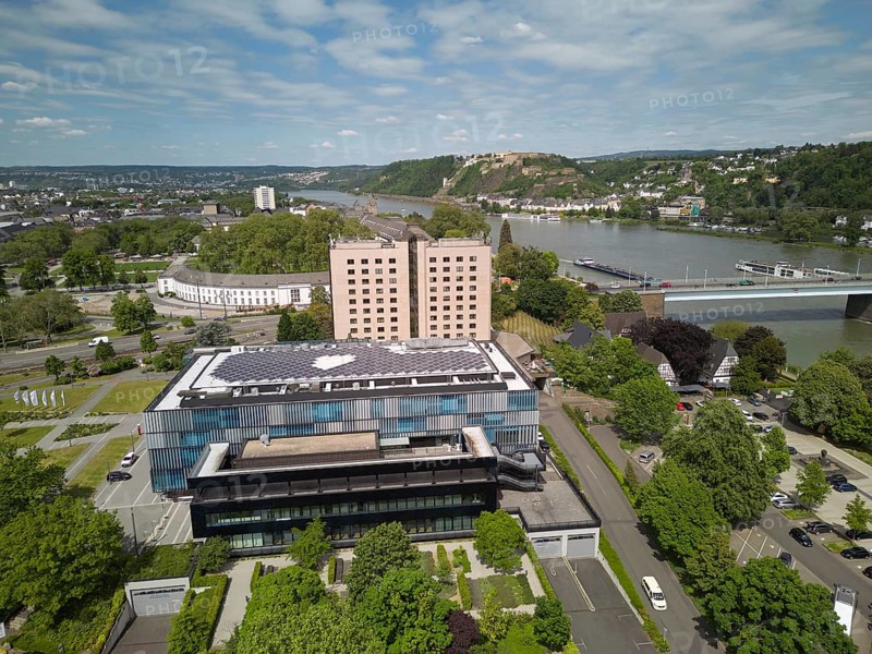 The Rhine-Moselle Hall and the Mercure Hotel on the Rhine in Koblenz