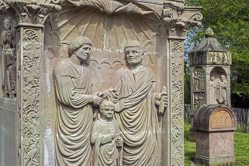 Reconstructed funeral pillars and steles at the Gallo-Roman necropolis at the open-air Archeosite and Museum of Aubechies-Beloeil