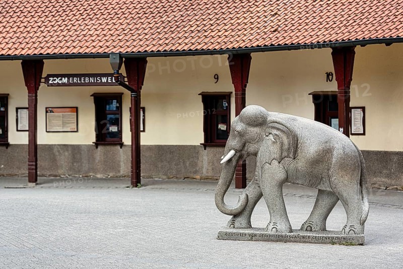 Sculpture elephant in front of the old ticket booths at the entrance