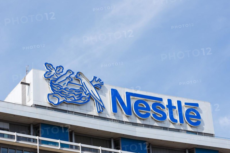 German headquarters of the food company Nestle with logo in Frankfurt-Niederrad