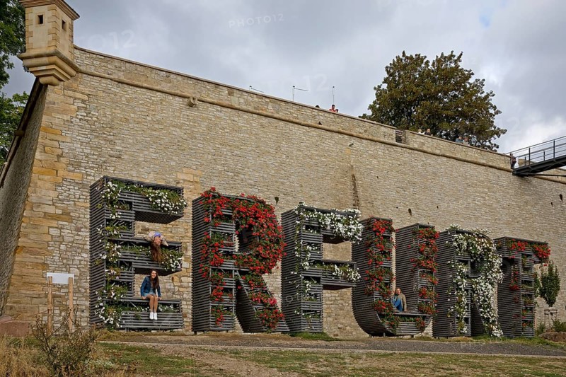Step train Erfurt planted with flowers in front of the Petersberg Citadel