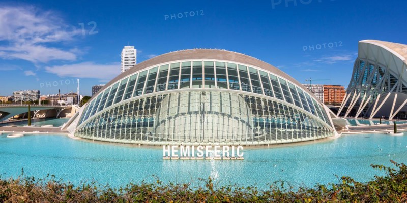 Ciutat de les Arts i les Ciencies with Hemisferic building modern architecture by Santiago Calatrava panorama in Valencia