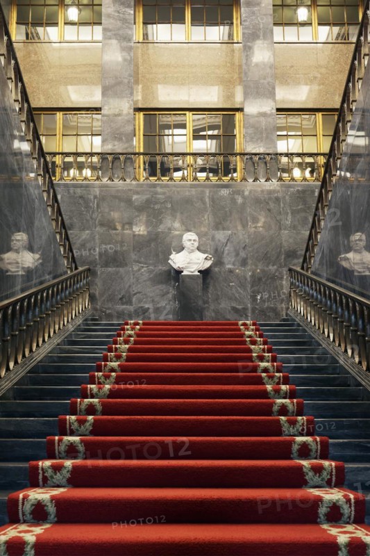 Pompous black marble staircase with red carpet