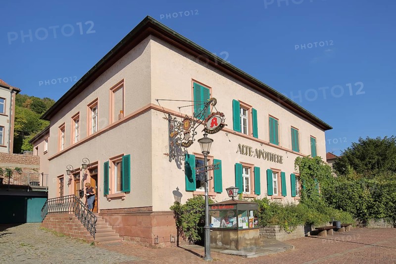 Old pharmacy with nose plate and inscription