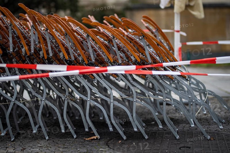 Assembled furniture for catering stands cordoned off at the Gendarmenmarkt in Berlin