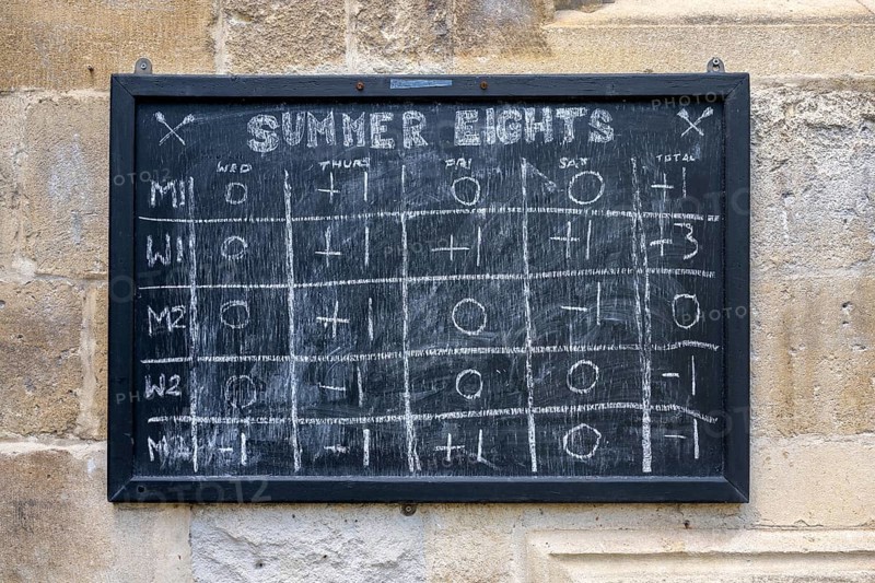Chalk-lettered board with symbols and pictograms for the Eights Week rowing regatta