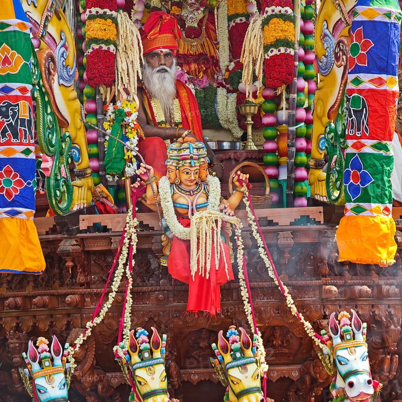 Priest Arumugam Paskaran at the main festival day during the big procession Theer