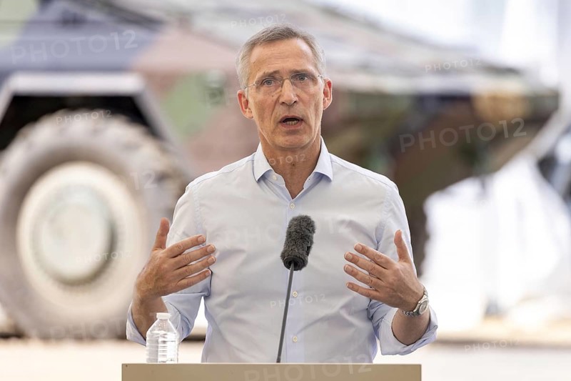 NATO Secretary General Jens Stoltenberg visits the troops of the eVA Brigade during exercise GRIFFIN STORM in Pabrade. Here at a press conference. Pabrade