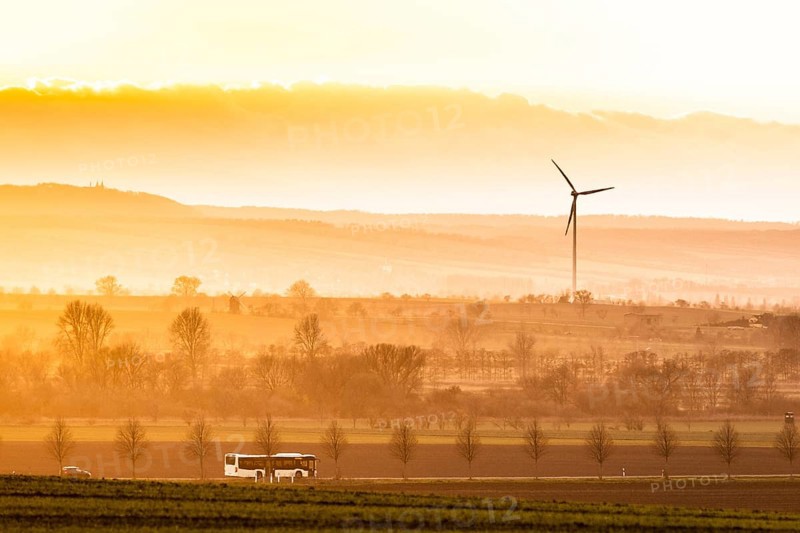 A public bus driving along a country road in the evening light near Oschersleben